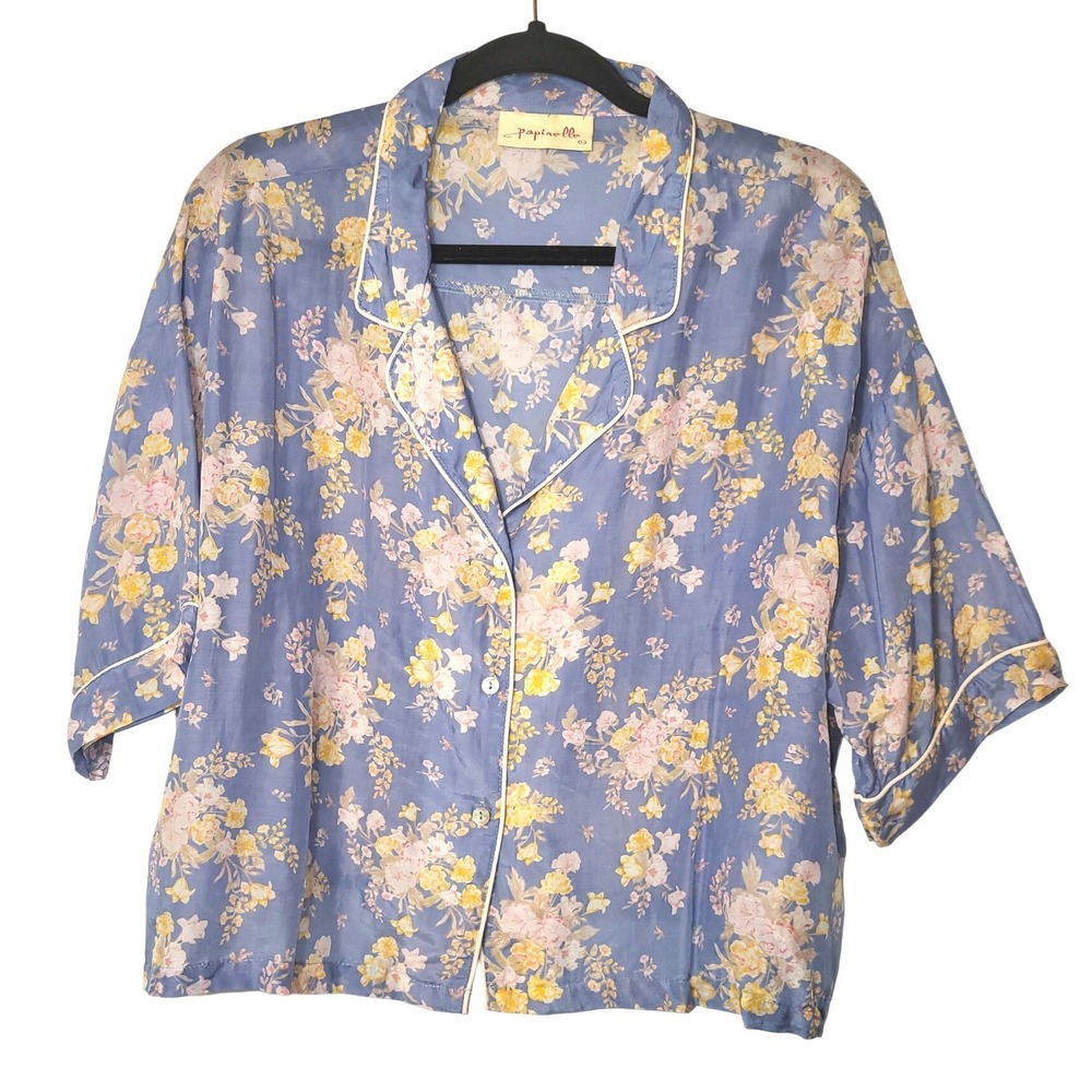 Papinelle Periwinkle‎ Blue Silk/Cotton Floral Crop Pajama Top Large Shabby Chic